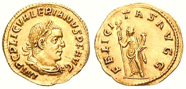 A gold Roman coin picturing Emperor Valerianus